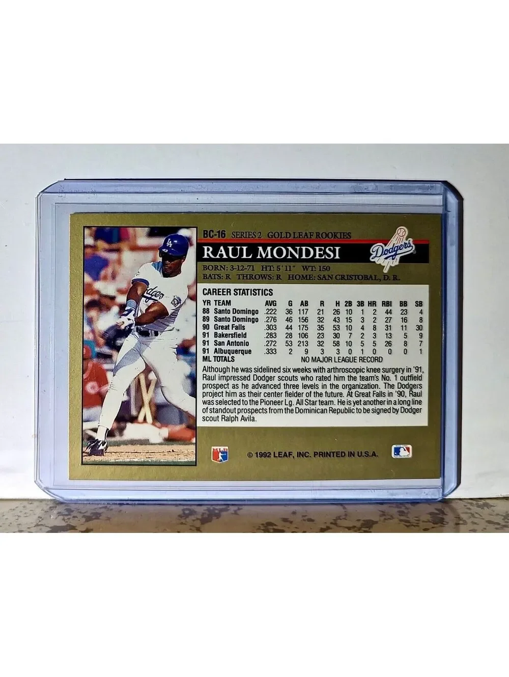 Raul Mondesi 1992 Leaf MLB #BC-16 Baseball Card Los Angeles Dodgers